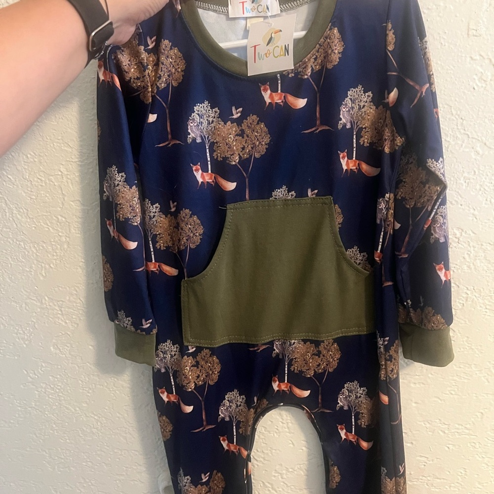 Kids Fox Print Bodysuit - Navy and Olive